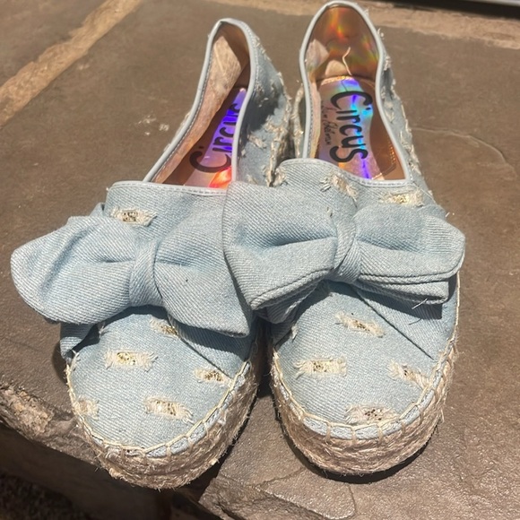 Circus Sam Edelman Cali 8.5 Frayed Denim Gold Glitter Platform Espadrilles - Picture 1 of 13